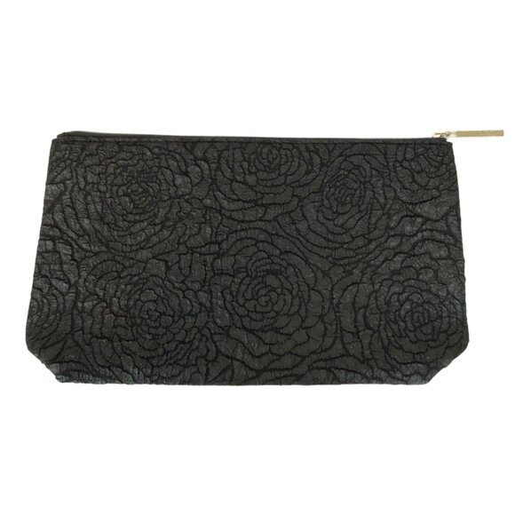 Lancome Paris Textured Rose Pattern Black Makeup Bag Red Satin Lining - Picture 1 of 4